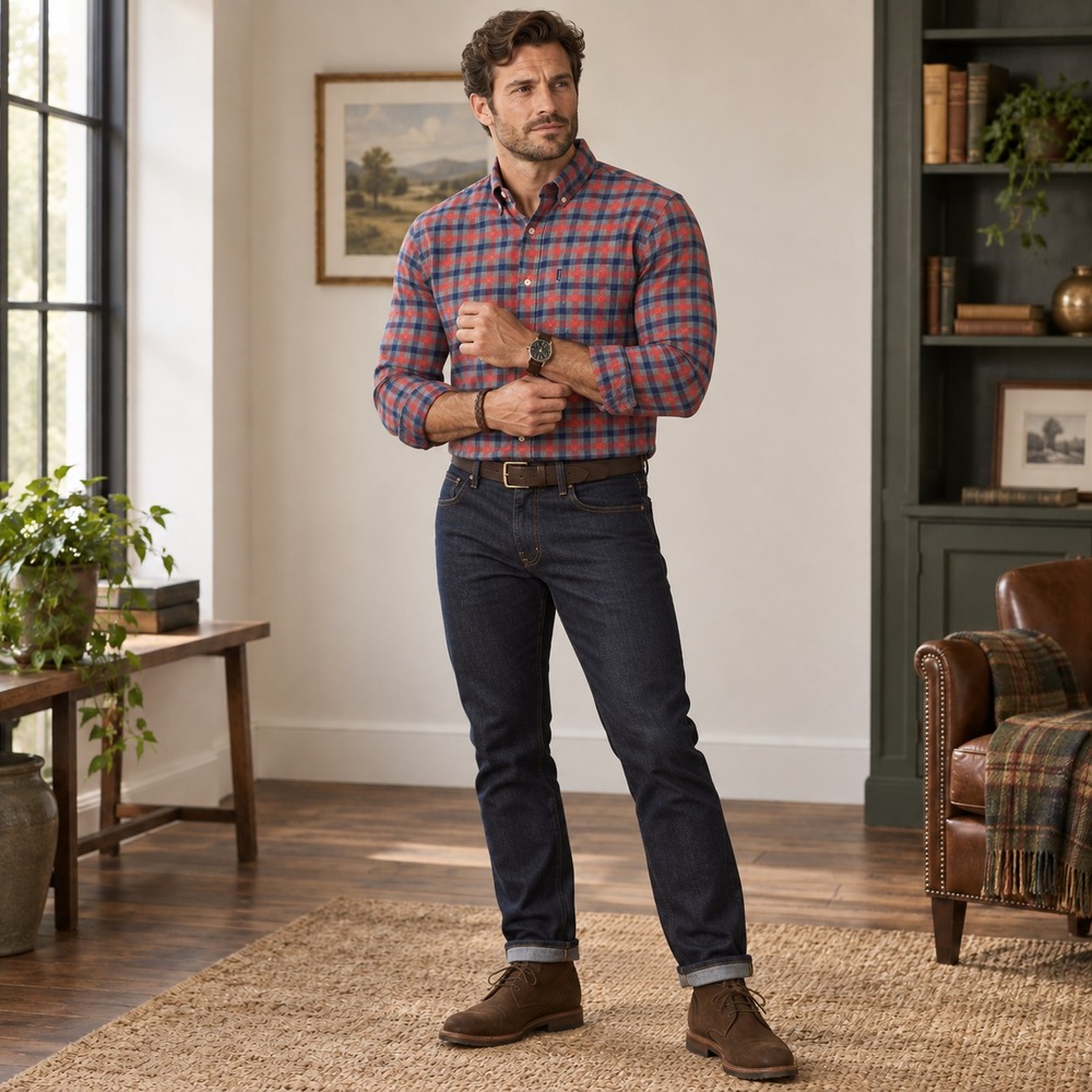 BARBOUR Men's Plaid Flannel Shirt LARGE Tailored Fit 100% Cotton MSH3226